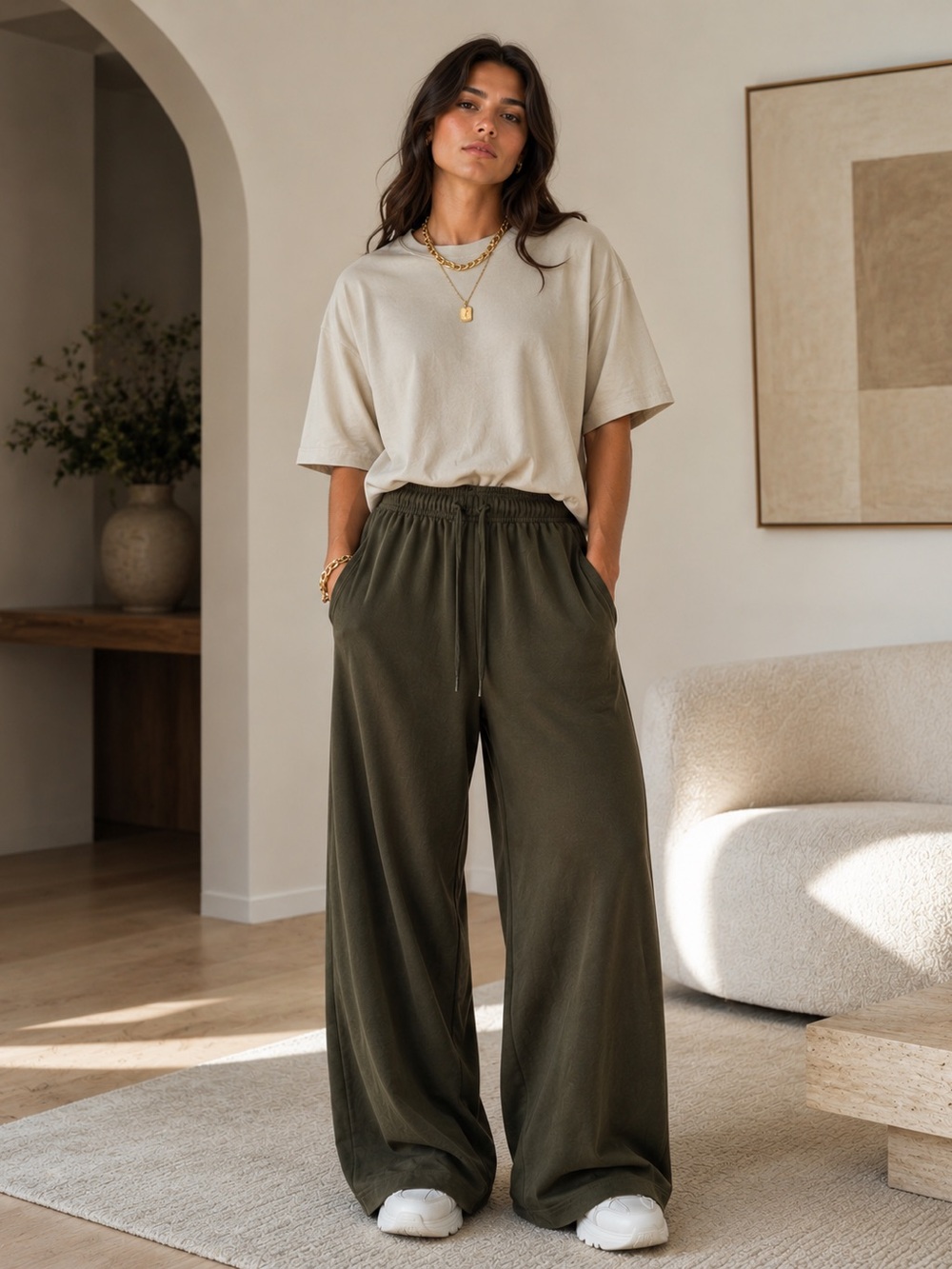 Wide Leg Lounge Pants in Olive Green Size Large